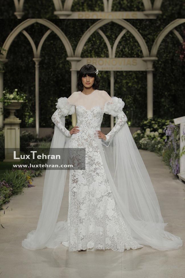 لباس عروس مدل پارچه گیپور آستین پف دار شنلی