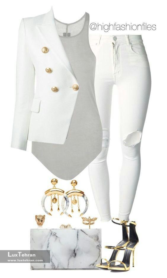  تصویری از ست کت شلوار زنانه سفید با رنگ طلایی