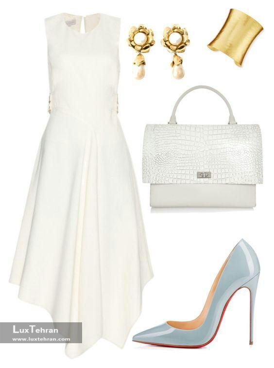 لباس مجلسی سفید ساده با کفش های آبی