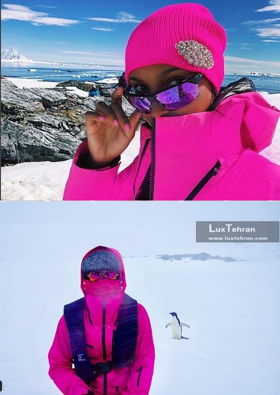 استایل زمستانی صورتی رنگ جاسمین در سفر ژانویه ای به قطب جنوب