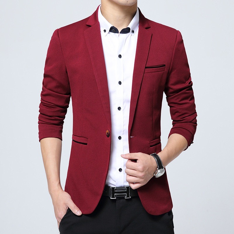 کت تک مردانه قرمز جگری با پیراهن سفید