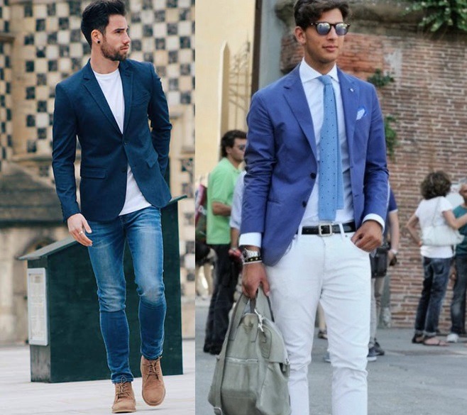کت تک مردانه دو دکمه با شلوار جین و کتان سفید
