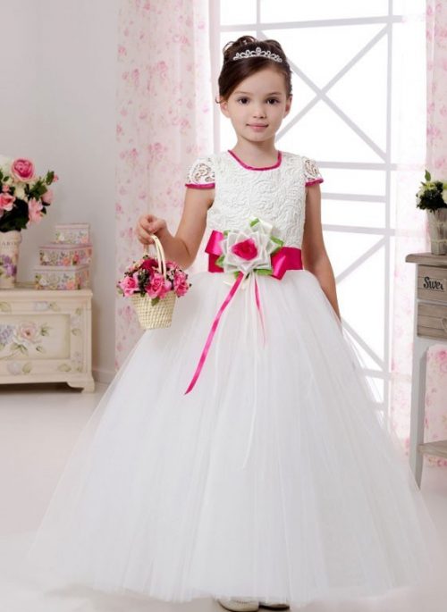 لباس عروس بچه گانه با گل سرخابی