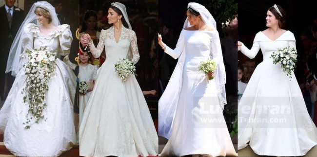 تصویر لباس عروس پرنسس اوژنی در مقایسه با لباس عروس مگان مارکل، کیت میدلتون و پرنسس دایانا فقید