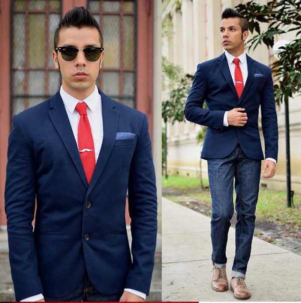 ترکیب کراوات قرمز رنگ ساده و پیراهن سفید با ترکیب NAVY BLUE SUIT و کفشی عسلی رنگ چرمی