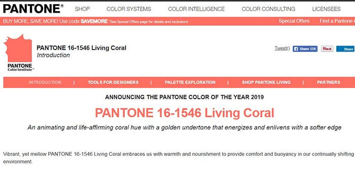 (تصویر بیانیه شرکت PANTONE در اعلام رنگ کورال به عنوان رنگ سال ۲۰۱۹ میلادی)