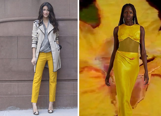 دکلته ها و لباس های شب زنانه با زرد | ترکیب شلوار زرد و بلوز خاکستری